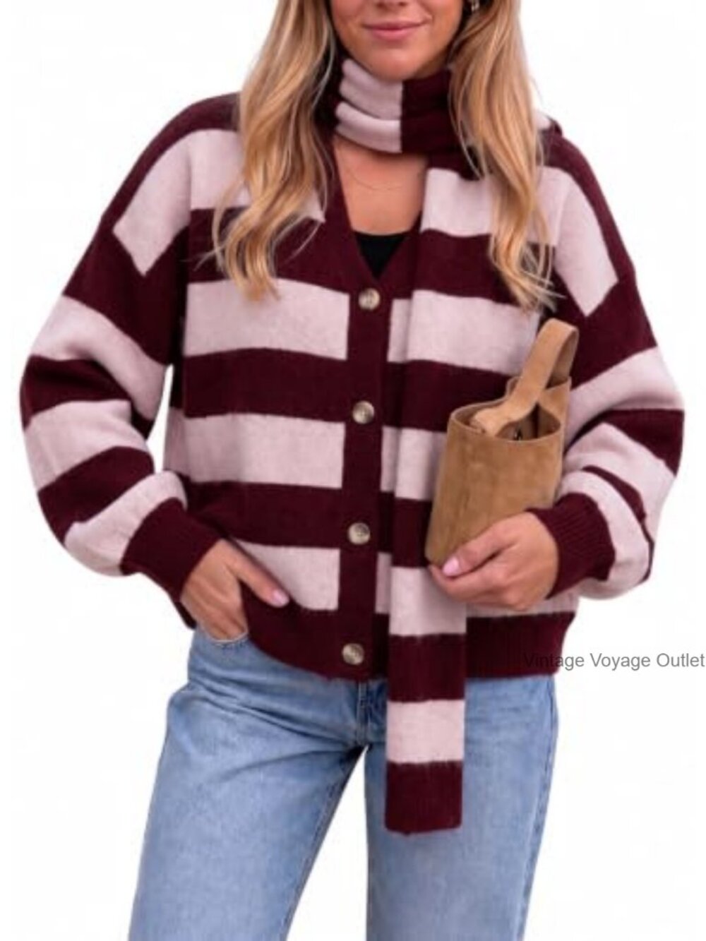 Women's Striped Button-Up Knit Cardigan Sweater Set with Scarf